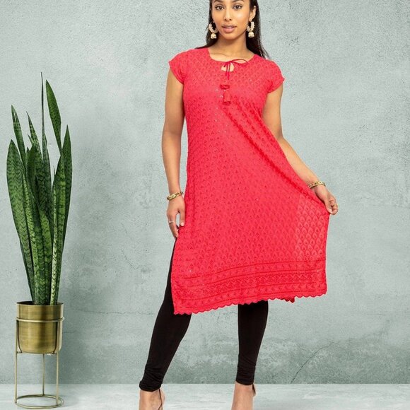 Pink Kurta with Chikankari Details | Muvvas Boutique - Picture 3 of 5